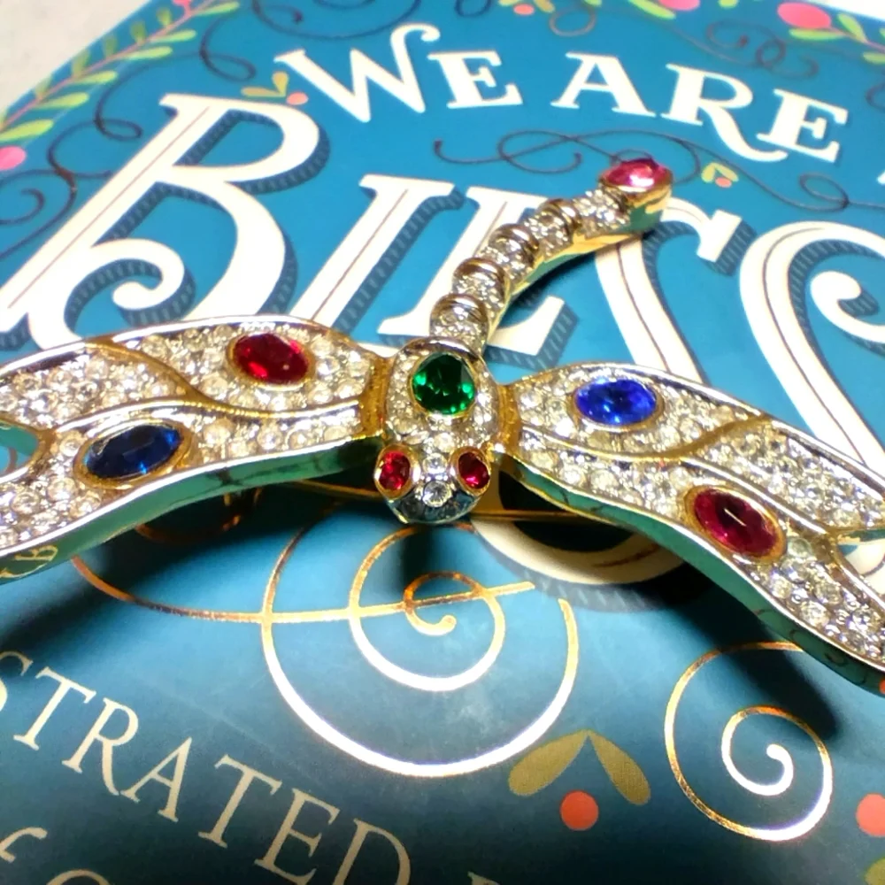 Gold Dragonfly Brooch Pin with Pink, Blue, Green, Red and Clear Rhinestones - Picture 4 of 8